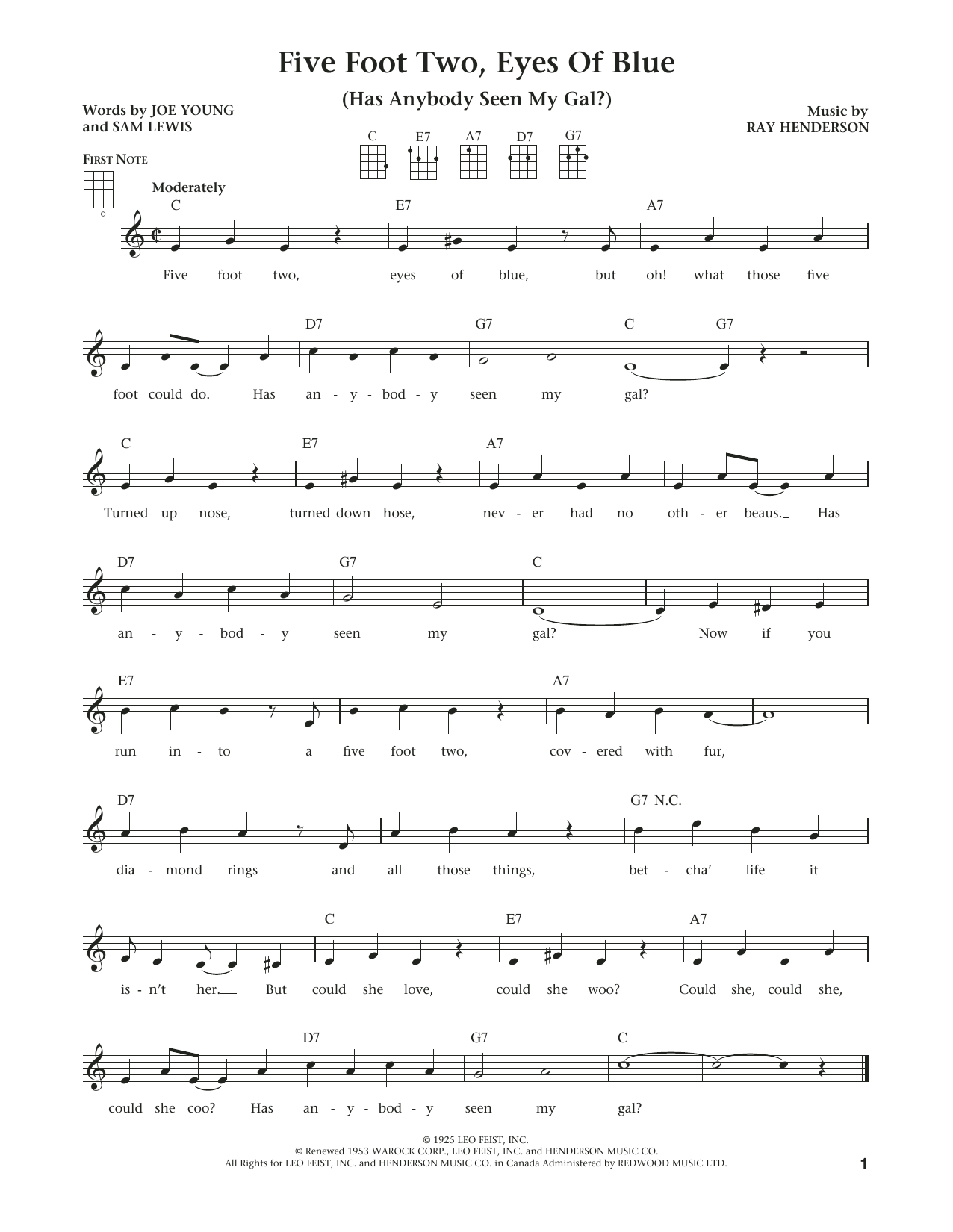 Product gallery: Page 1 of 1 Five Foot Two, Eyes Of Blue (Has Anybody Seen My Girl?) (The Daily Ukulele) (arr Liz and Jim Beloff), Ray Henderson