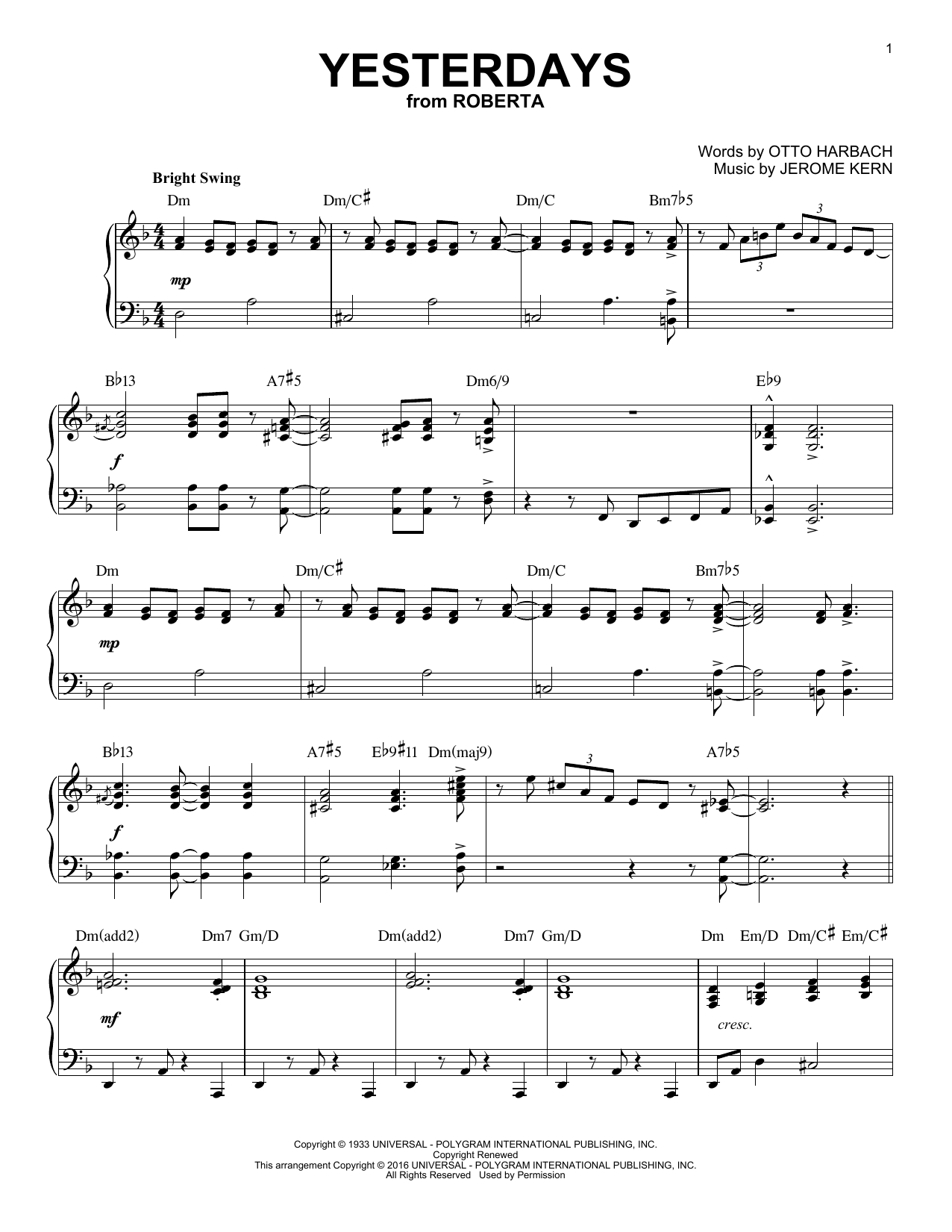 Product gallery: Page 1 of 1 Yesterdays (arr. Brent Edstrom), Jerome Kern