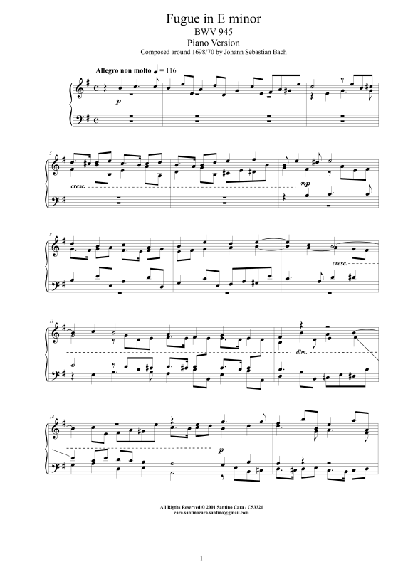 Produktbild zu: Fuge in E-Moll BWV 945 - Piano VersionJohann Sebastian Bach