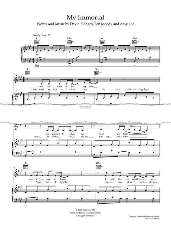 Produktgalerie: Seite 1 von 1 My Immortal, Evanescence, Gesang, Gitarre, Klavier