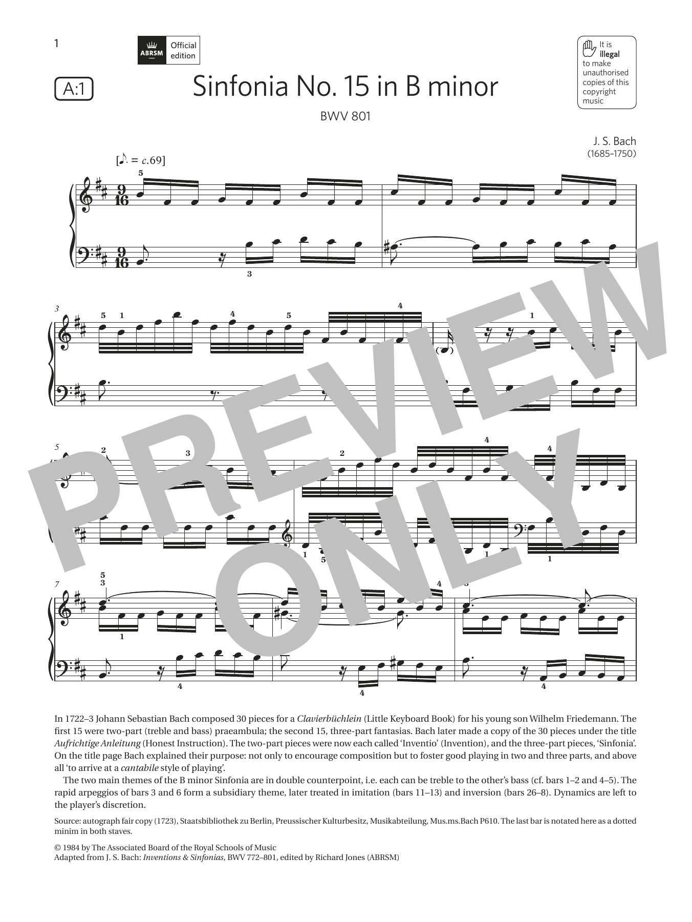 Produktbild zu: Sinfonia No.15 in B minor (Grade 7, list A1, from the ABRSM Piano Syllabus 2021 & 2022)