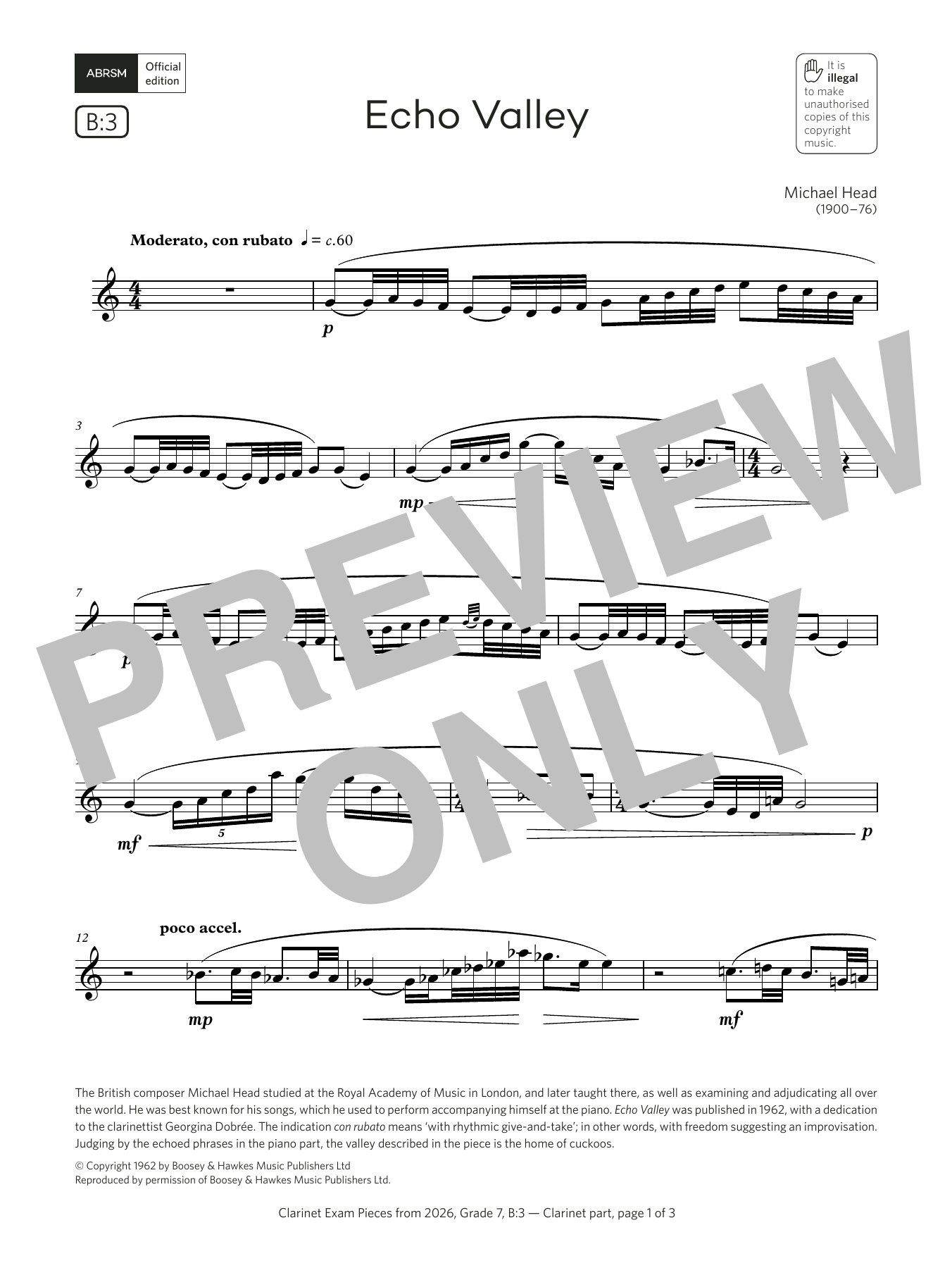 Product gallery: Page 1 of 1 Echo Valley (Grade 7, list B3, from the ABRSM Clarinet Syllabus from 2026), Michael Head