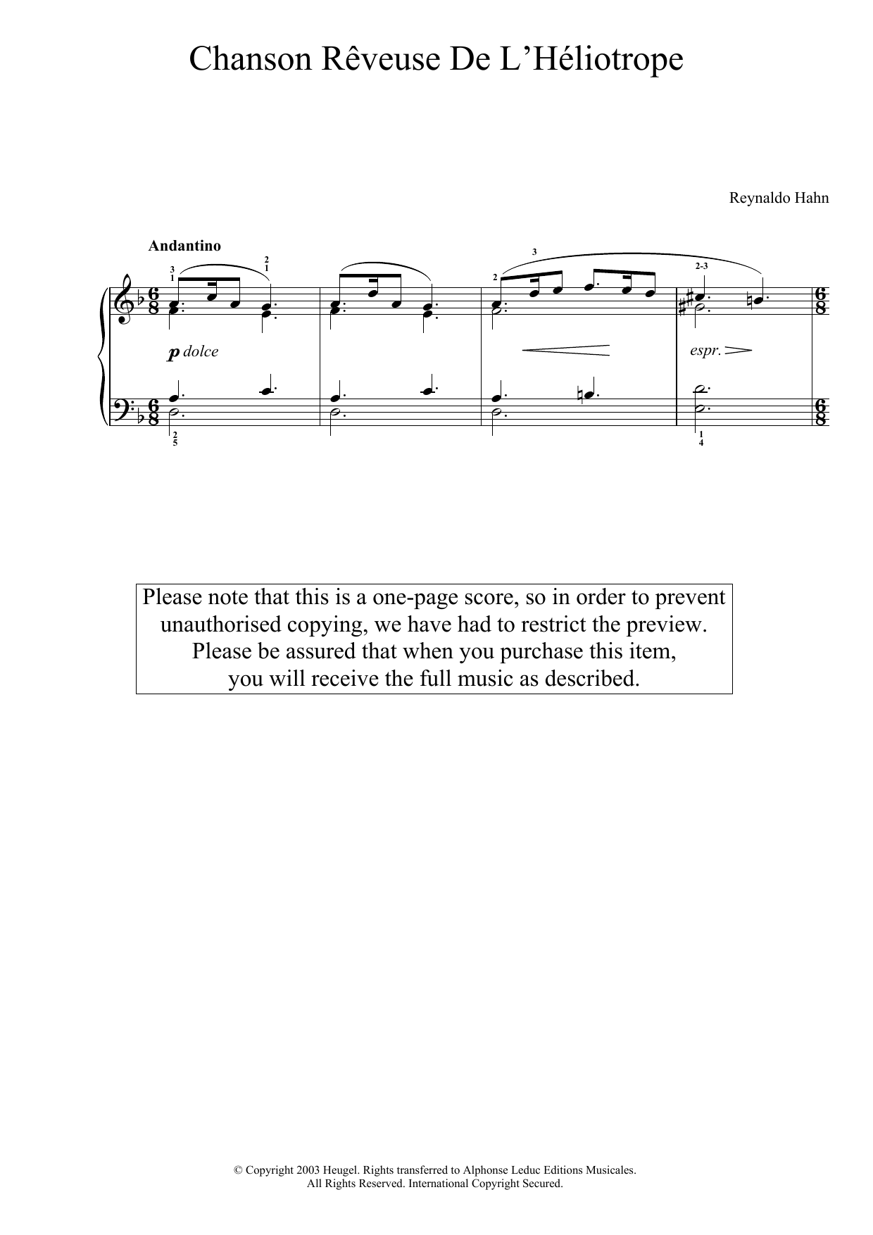 Product picture to: Chanson Reveuse De L'Heliotrope (No. XI From 'Pieces D'Amour')