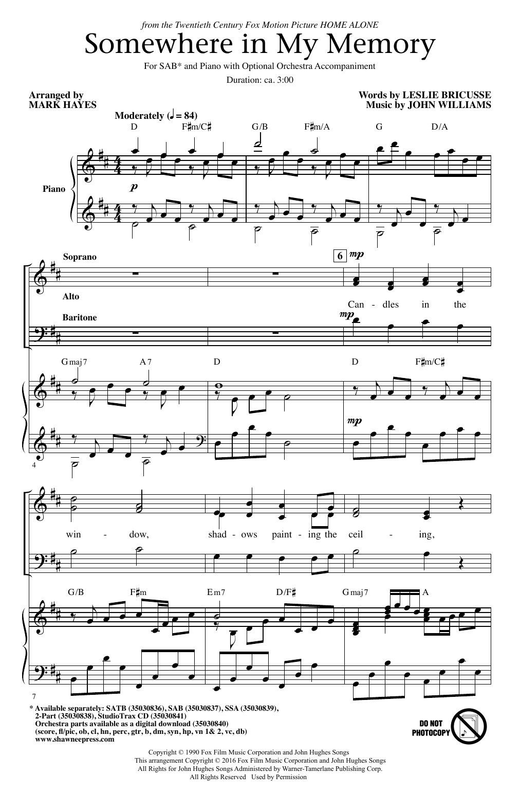 Product gallery: Page 1 of 1 Somewhere In My Memory (arr. Mark Hayes), John Williams