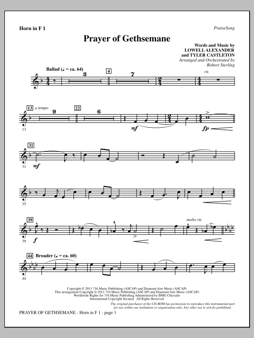 Product picture to: Prayer Of Gethsemane - F Horn 1