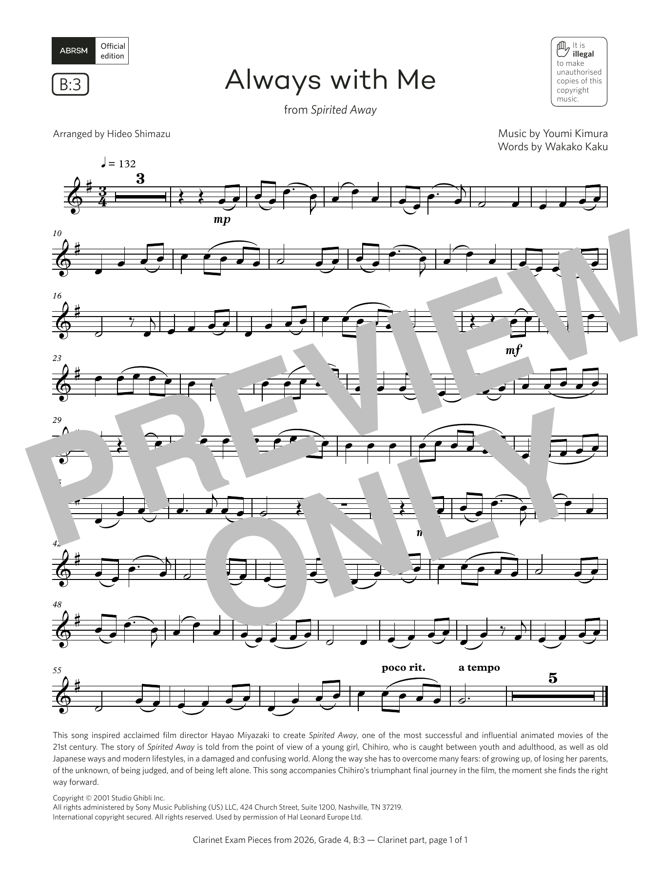 Product gallery: Page 1 of 1 Always with Me (Grade 4, list B3, from the ABRSM Clarinet Syllabus from 2026), Wakako Kaku