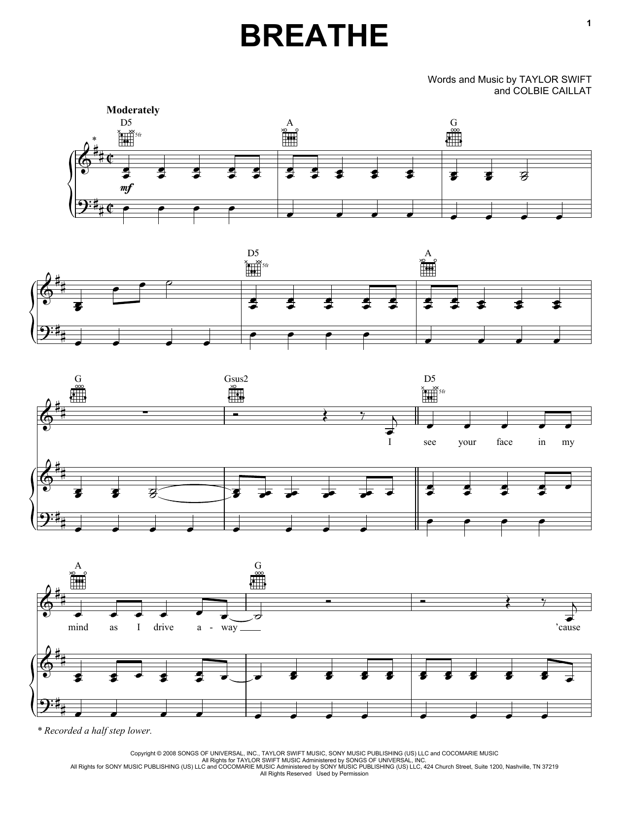 Produktgalerie: Seite 1 von 1 Breathe, Taylor Swift, Gesang, Gitarre, Klavier