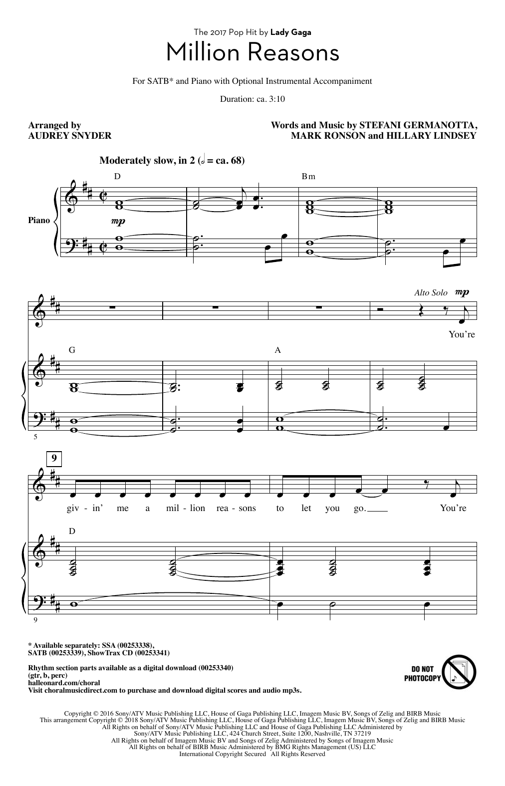 Product picture to: Million Reasons (arr. Audrey Snyder)