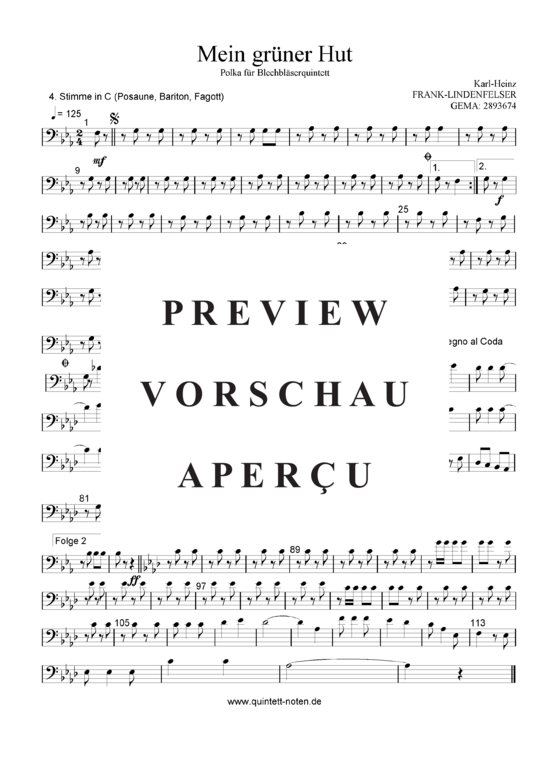 Produktgalerie: Seite 19 von 21 Mein Grüner Hut , Blasorchester Fatamo, (Blechbläser Quintett - Flexible Besetzung + Schlagzeug)