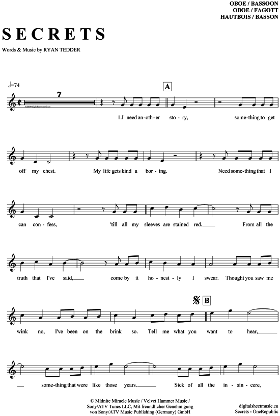Produktgalerie: Seite 1 von 4 Secrets , OneRepublic, (Oboe / Fagott)