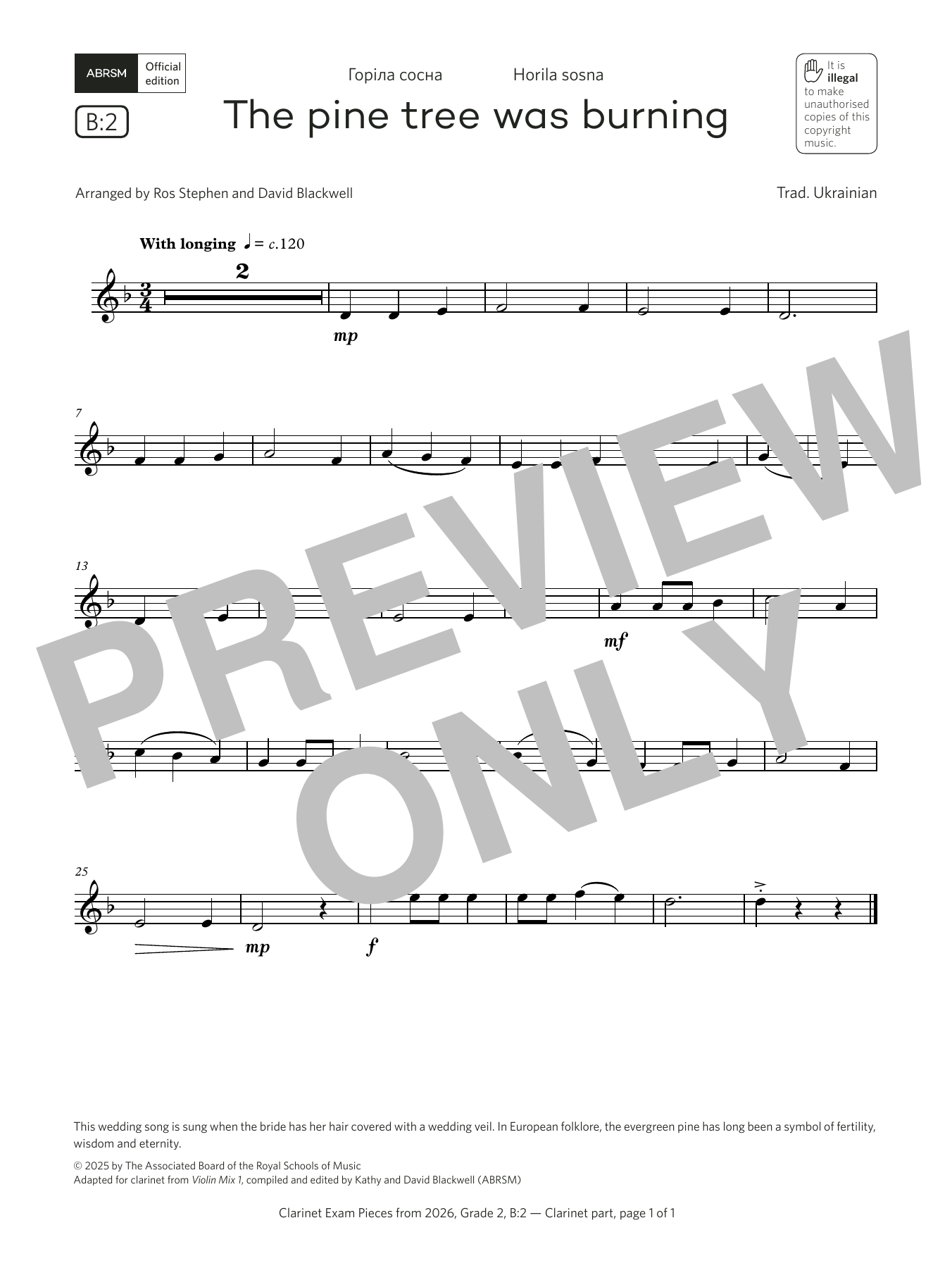 Product gallery: Page 1 of 1 The pine tree was burning (Grade 2, list B2, from the ABRSM Clarinet Syllabus from 2026), Trad. Ukrainian