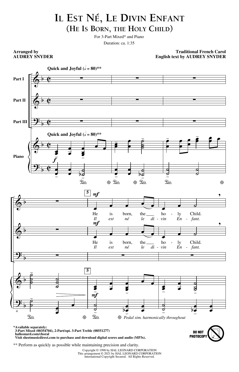 Product picture to: Il Est Né, Le Divin Enfant (He Is Born, The Holy Child) (arr. Audrey Snyder)