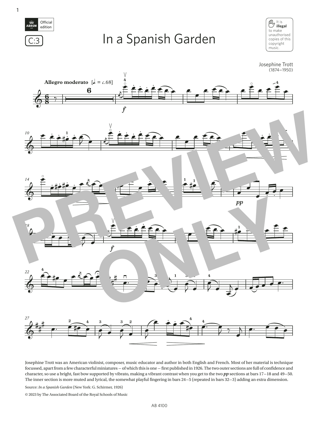 Product gallery: Page 1 of 1 In a Spanish Garden (Grade 6, C3, from the ABRSM Violin Syllabus from 2024), Josephine Trott