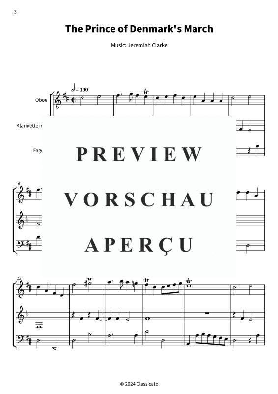gallery: The Prince of Denmark´s March - from A Collection of Ayres for the Harpsichord or Spinett with very Plain & Easey Directions for Young Beginners, , (Holzbläser Trio Oboe, Klarinette in A + Fagott)