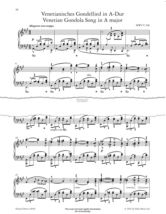 Produktgalerie: Seite 1 von 1 Venetian Gondola Song in A Major, MWV U 136, Felix Mendelssohn, Klavier