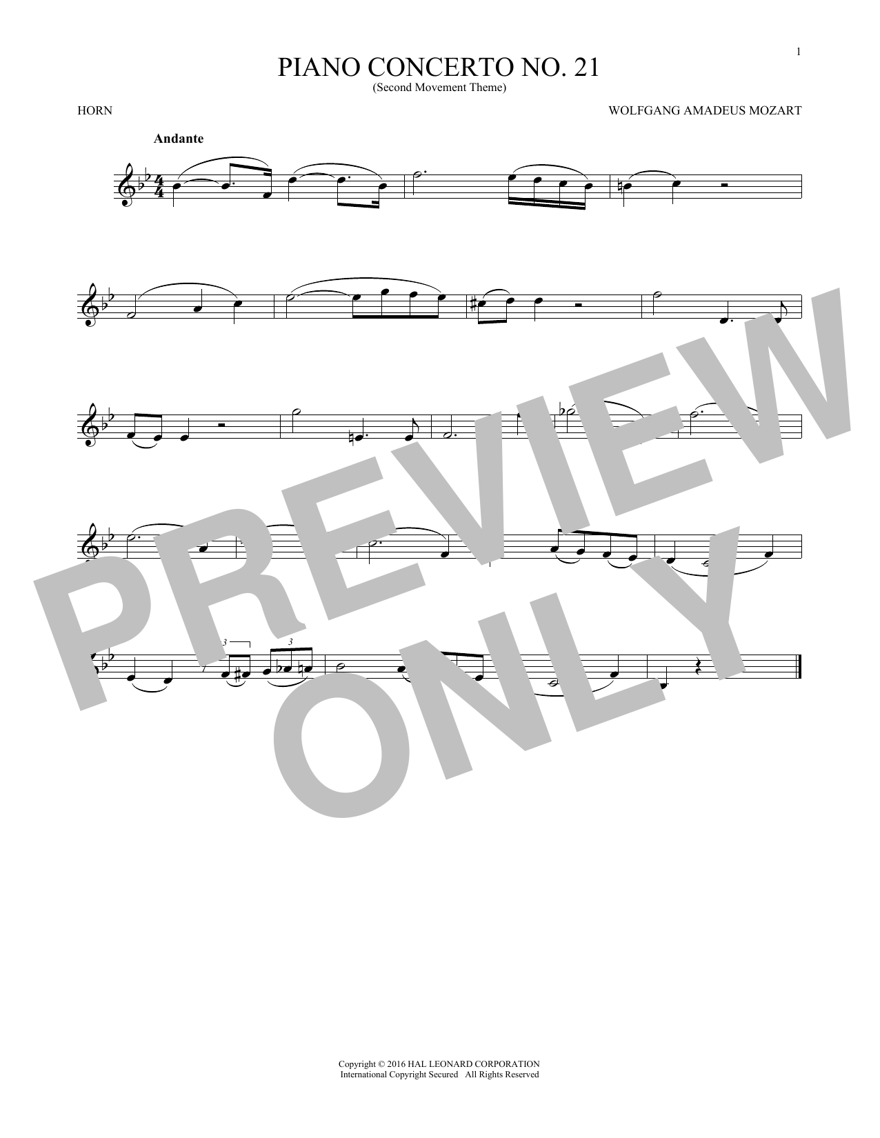 Produktgalerie: Seite 1 von 1 Piano Concerto No. 21 In C Major ("Elvira Madigan"), Second Movement Excerpt, Wolfgang Amadeus Mozart, Horn