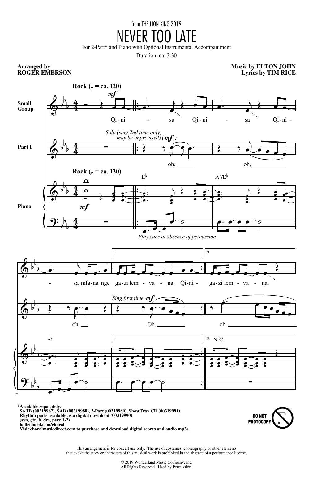 Produktbild zu: Never Too Late (from The Lion King 2019) (arr. Roger Emerson)