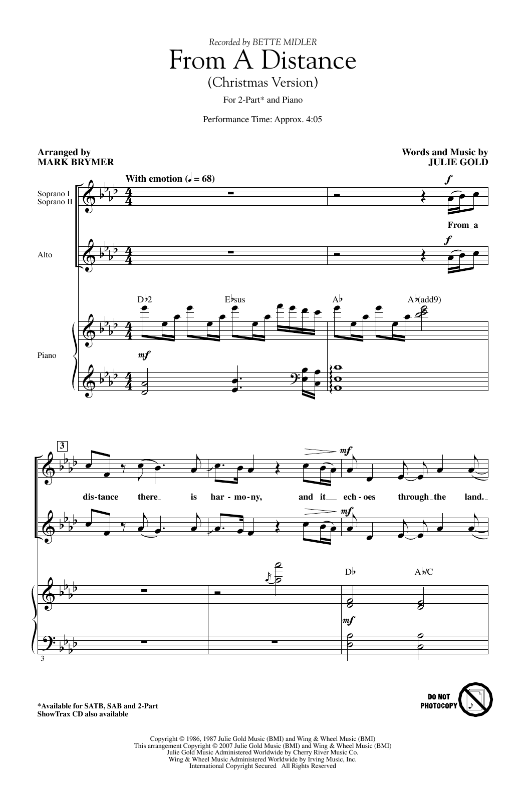 Product gallery: Page 1 of 1 From A Distance (Christmas Version) (arr. Mark Brymer), Bette Midler