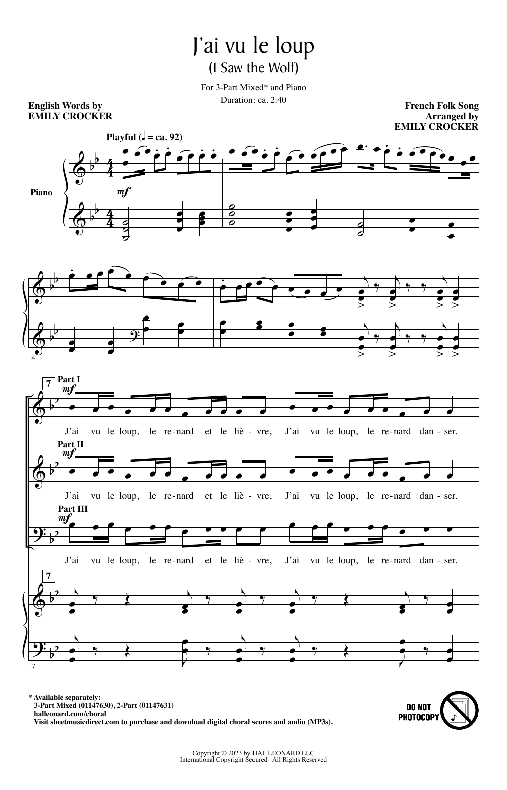 Produktbild zu: J'ai Vu Le Loup (I Saw The Wolf) (arr. Emily Crocker)