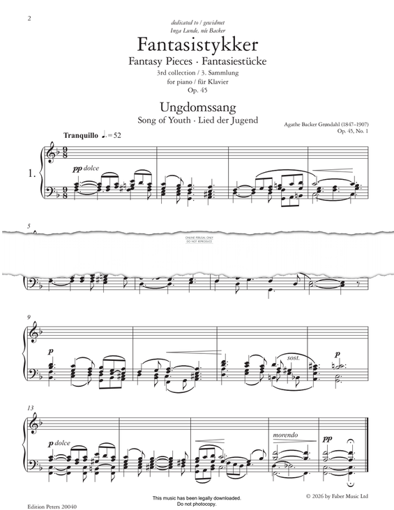 Produktgalerie: Seite 1 von 1 Ungdomssang (Song Of Youth) from Fantasy Pieces Op.45, No.1, Agathe Backer Grøndahl, Klavier