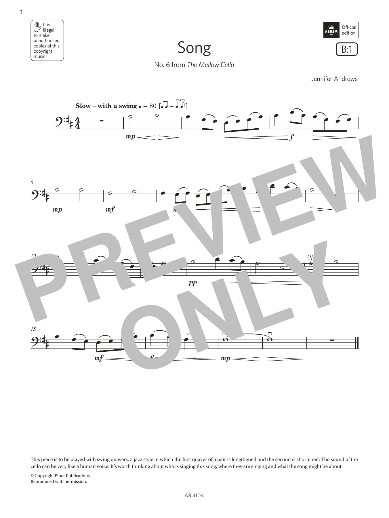 Produktbild zu:  Song (Grade 1, B1, from the ABRSM Cello Syllabus from 2024) - Jennifer Andrews