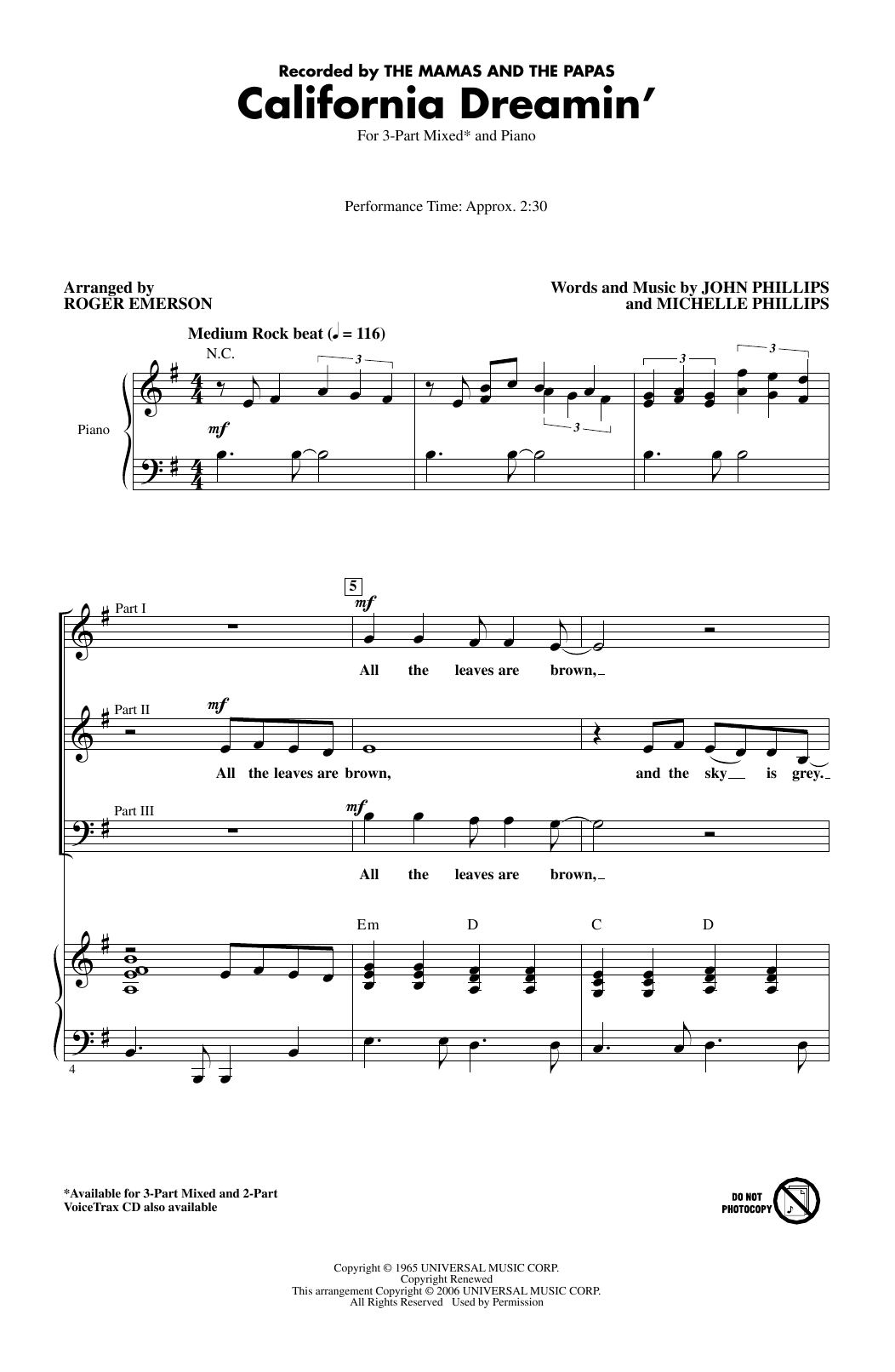 Produktgalerie: Seite 1 von 1 California Dreamin' (arr. Roger Emerson), The Mamas & The Papas, Chor