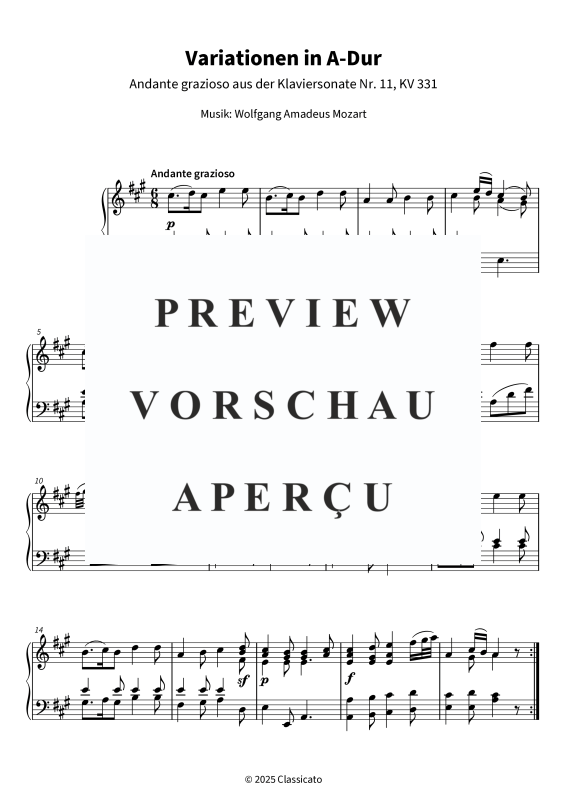 Produktgalerie: Seite 5 von 11 Variationen in A-Dur - Andante grazioso aus der Klaviersonate Nr. 11, KV 331, Wolfgang Amadeus Mozart, Klavier Solo