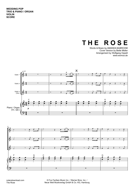 Product gallery: Page 1 of 11 The Rose, Midler, Bette, Trio For 3 Violins V V V/Viola and Piano/Organ, Cello (Optional) - Single Version