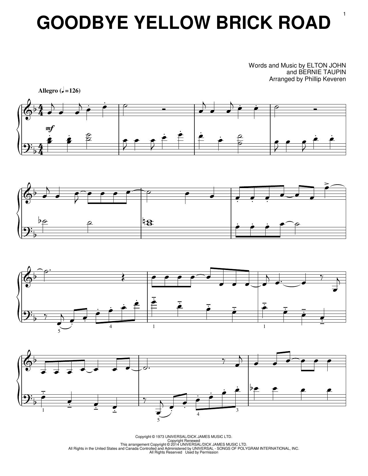 Product gallery: Page 1 of 1 Goodbye Yellow Brick Road [Classical version] (arr. Phillip Keveren), Elton John