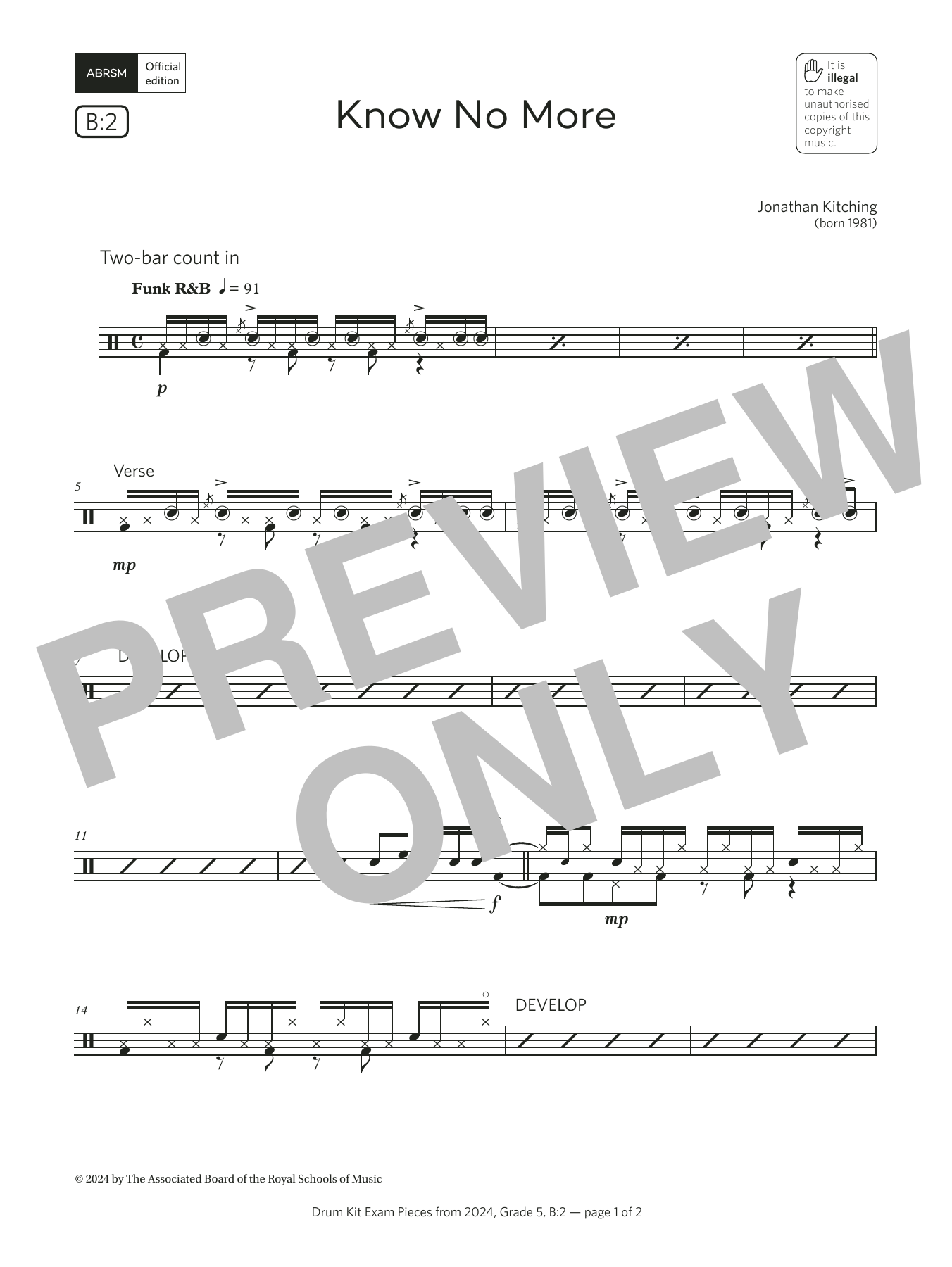 Product gallery: Page 1 of 1 Know No More (Grade 5, list B2, from the ABRSM Drum Kit Syllabus 2024), Jonathan Kitching