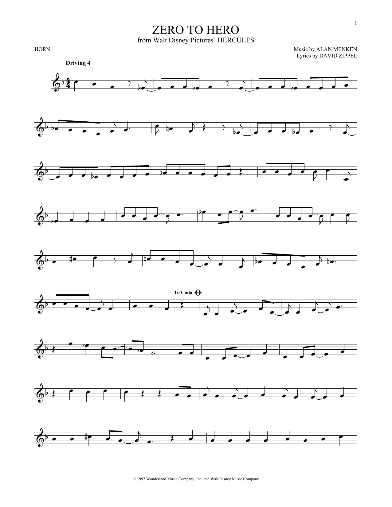 Produktgalerie: Seite 1 von 1 Zero To Hero (from Hercules), Alan Menken & David Zippel, Horn