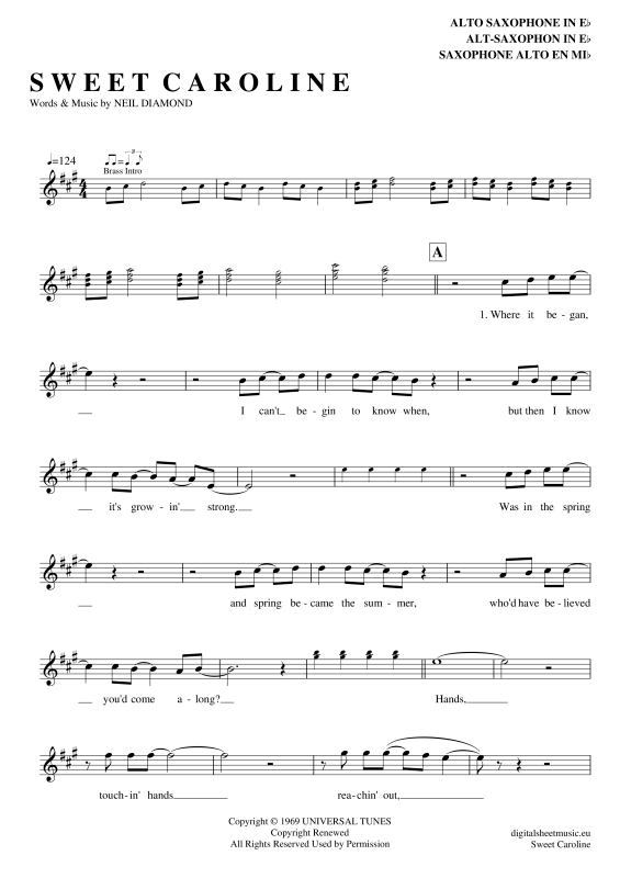 Product gallery: Page 1 of 4 Sweet Caroline , Diamond, Neil, Alto Saxophone