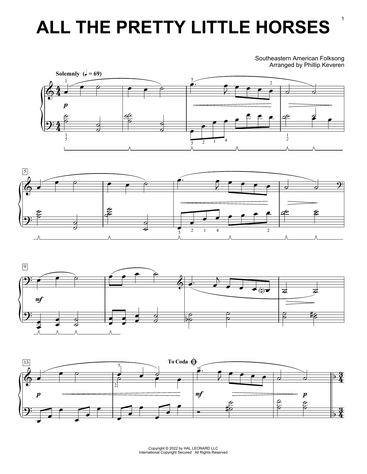 Product gallery: Page 1 of 1 All The Pretty Little Horses (arr. Phillip Keveren), Southeastern American Folksong