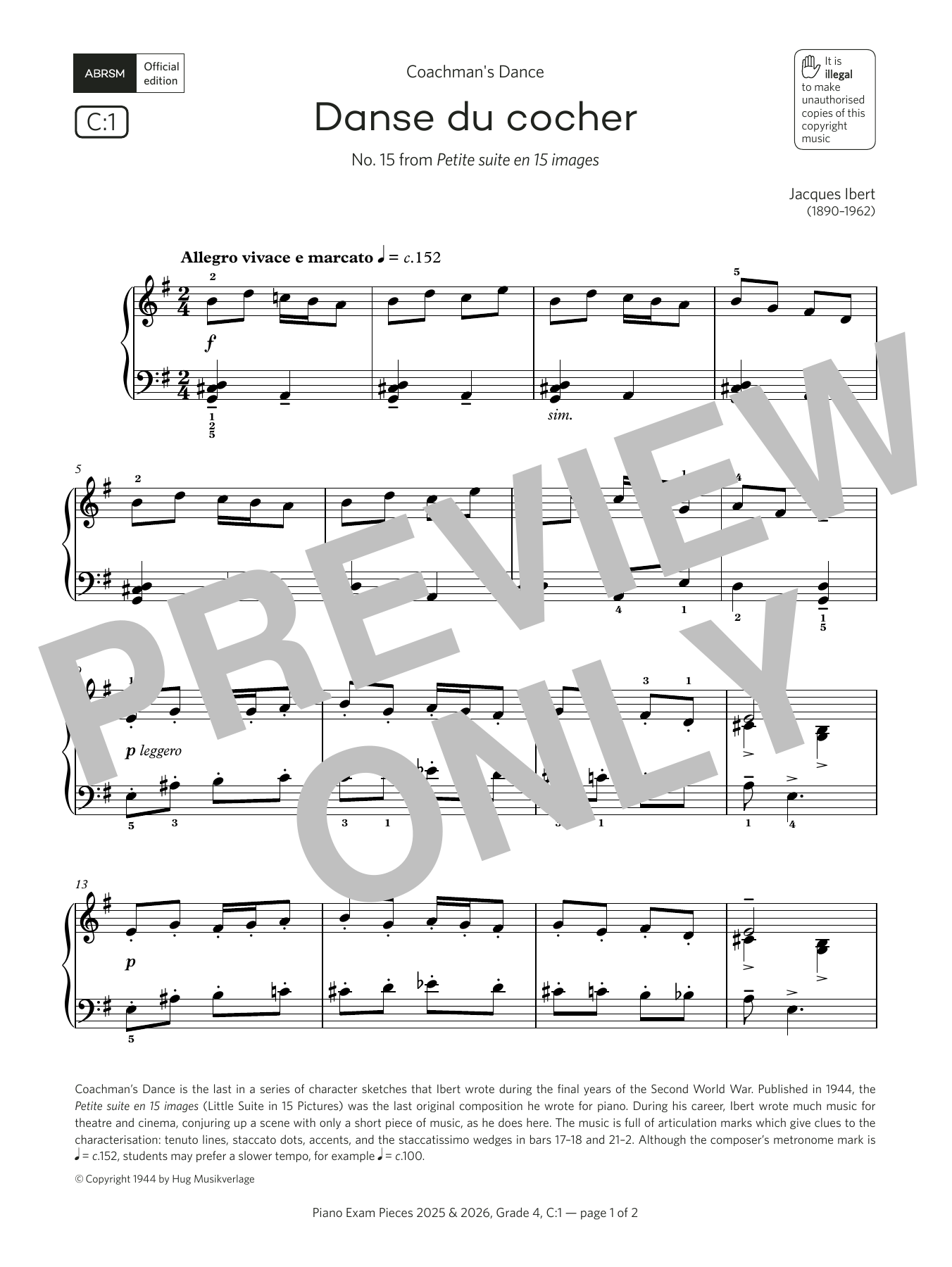 Produktbild zu:  Danse du cocher (Grade 4, list C1, from the ABRSM Piano Syllabus 2025 & 2026) - Jacques Ibert