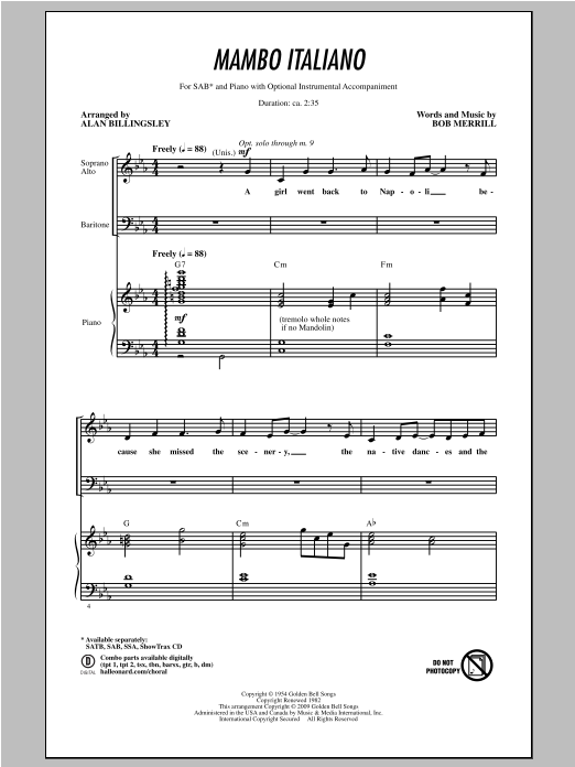 Product gallery: Page 1 of 1 Mambo Italiano (arr. Alan Billingsley), Rosemary Clooney