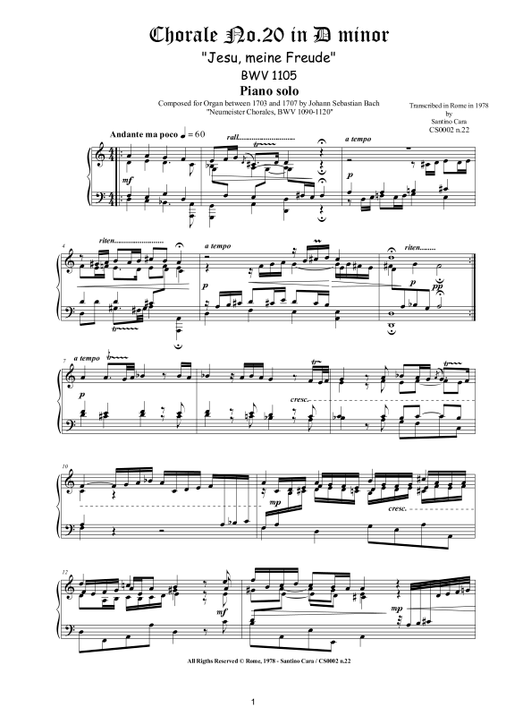 Product picture to: Choral No.20 in D-Moll (Jesu, meine Freude) BWV 1105Johann Sebastian Bach