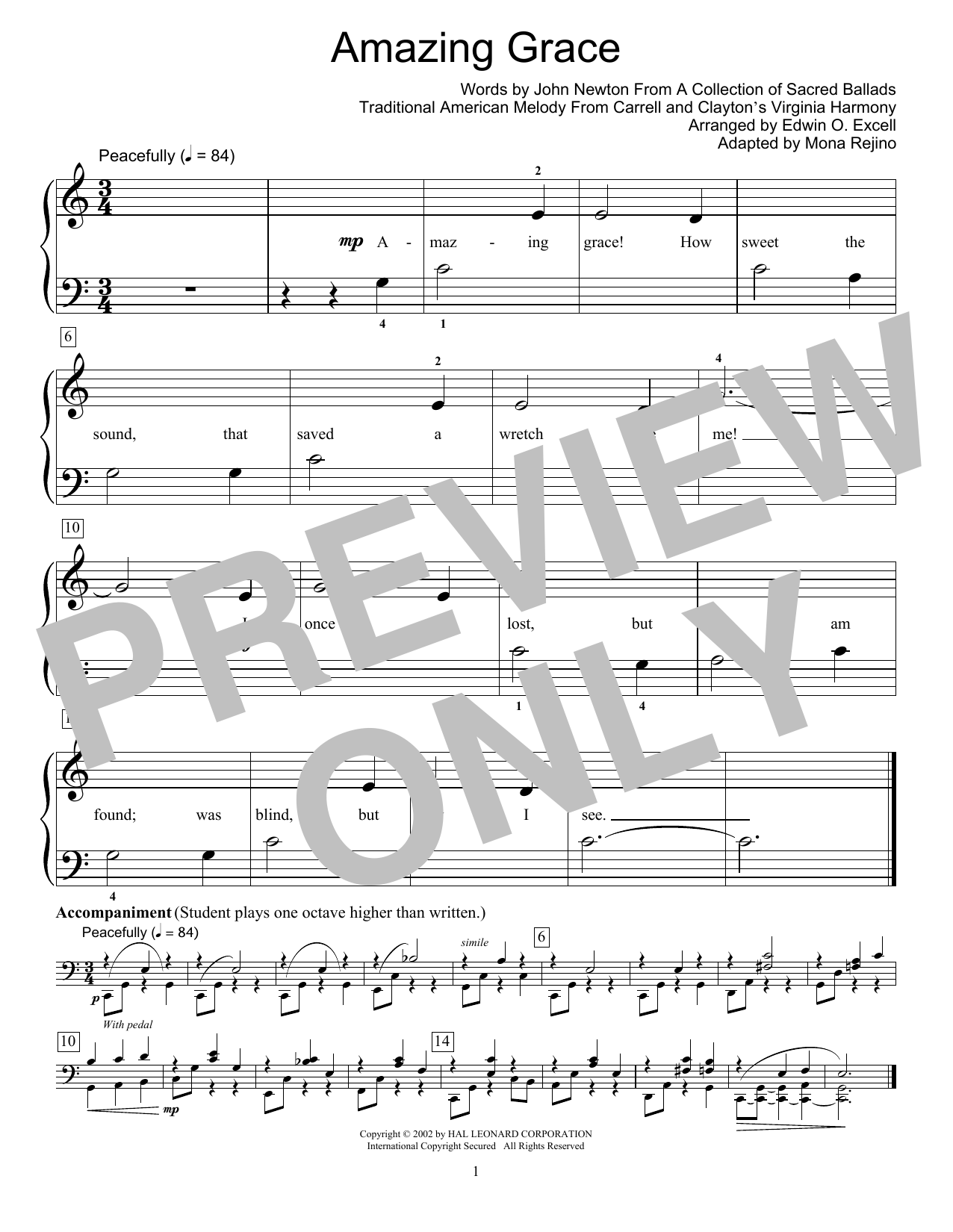 Product gallery: Page 1 of 1 Amazing Grace (arr. Mona Rejino), John Newton