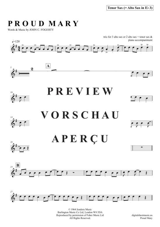 Product gallery: Page 17 of 21 Proud Mary (Saxophon Trio AAA(T) , Creedence Clearwater Revival,  + piano)