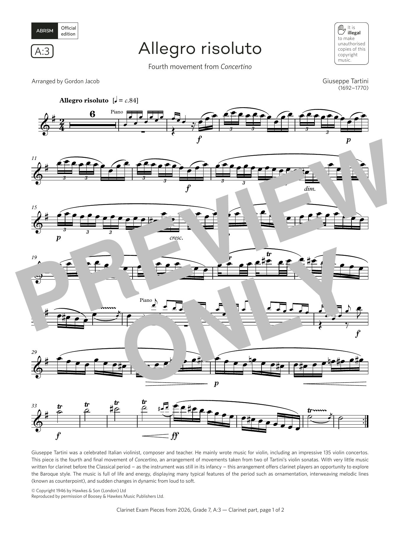 Product gallery: Page 1 of 1 Allegro risoluto (Grade 7, list A3, from the ABRSM Clarinet Syllabus from 2026), Giuseppi Tartini