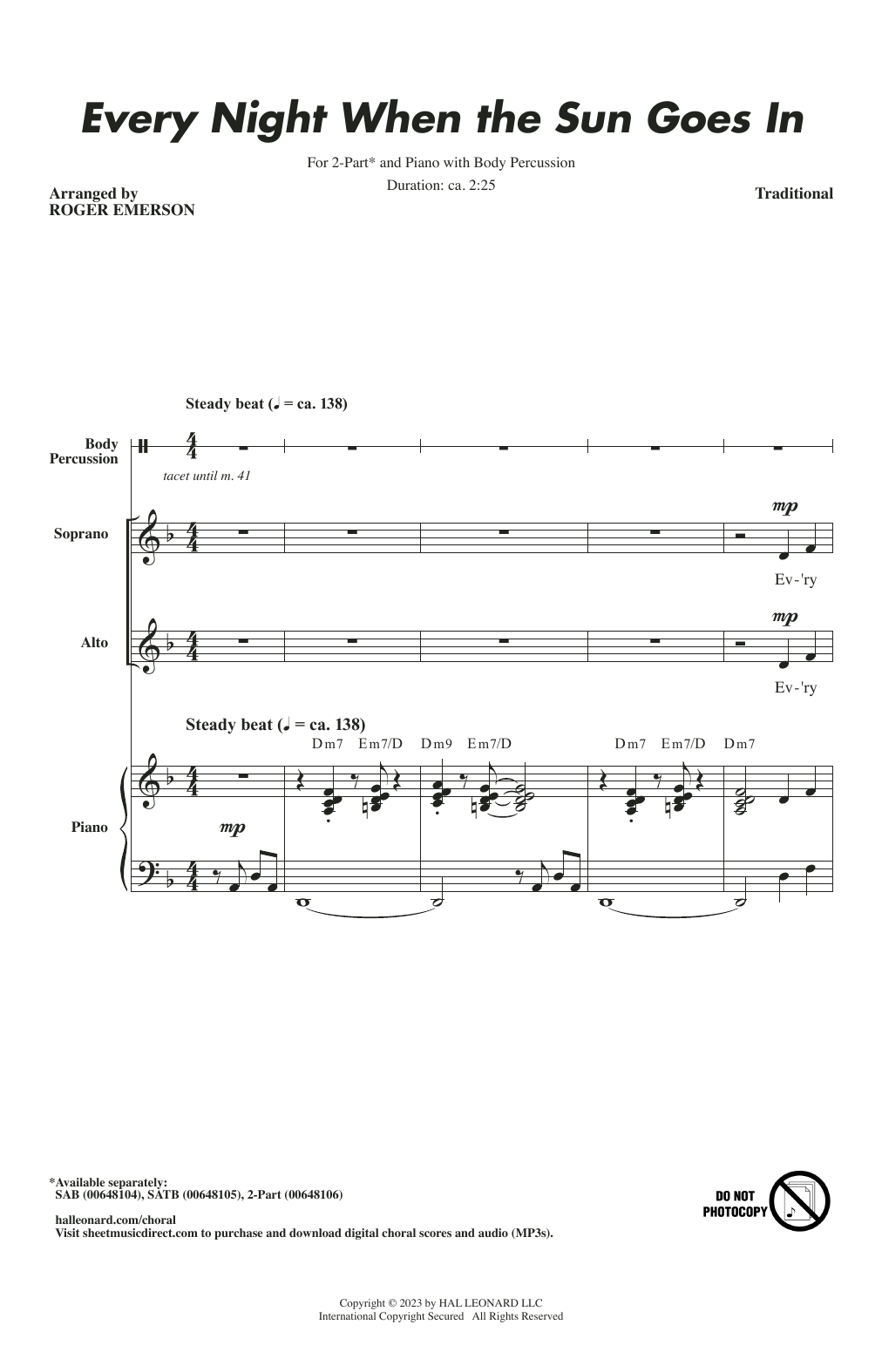 Product picture to: Every Night When The Sun Goes In (arr. Roger Emerson)