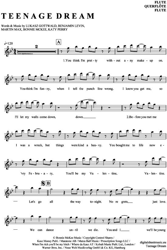 Product gallery: Page 1 of 4 Teenage Dream , Perry, Katy, (transverse flute)