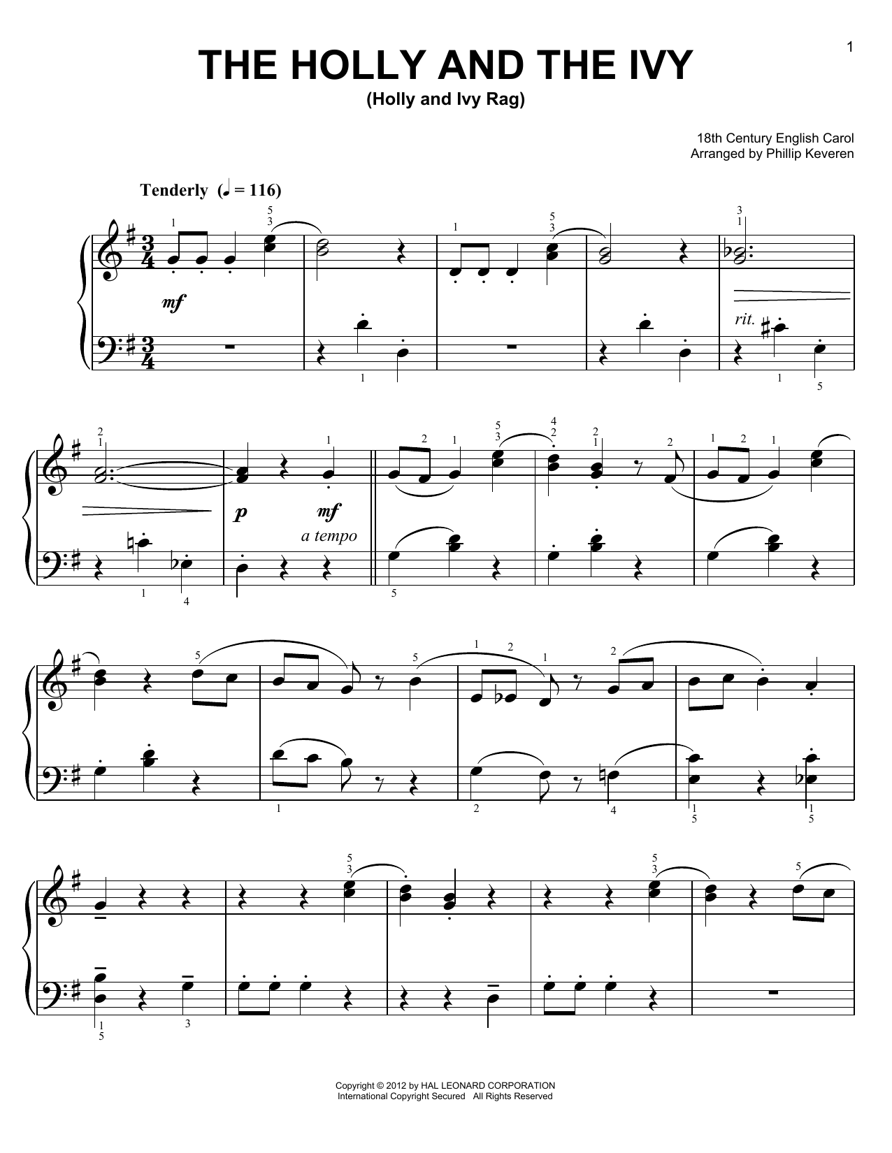Product gallery: Page 1 of 1 The Holly And The Ivy [Ragtime version] (arr. Phillip Keveren), 18th Century English Carol