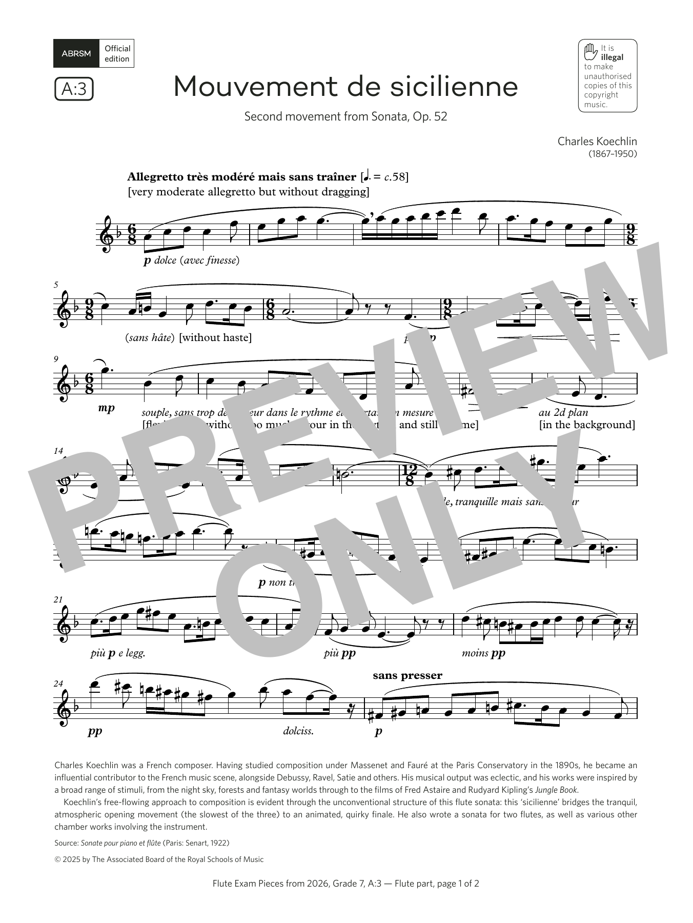 Product gallery: Page 1 of 1 Mouvement de sicilienne (Grade 7, list A3, from the ABRSM Flute Syllabus from 2026), Charles Koechlin