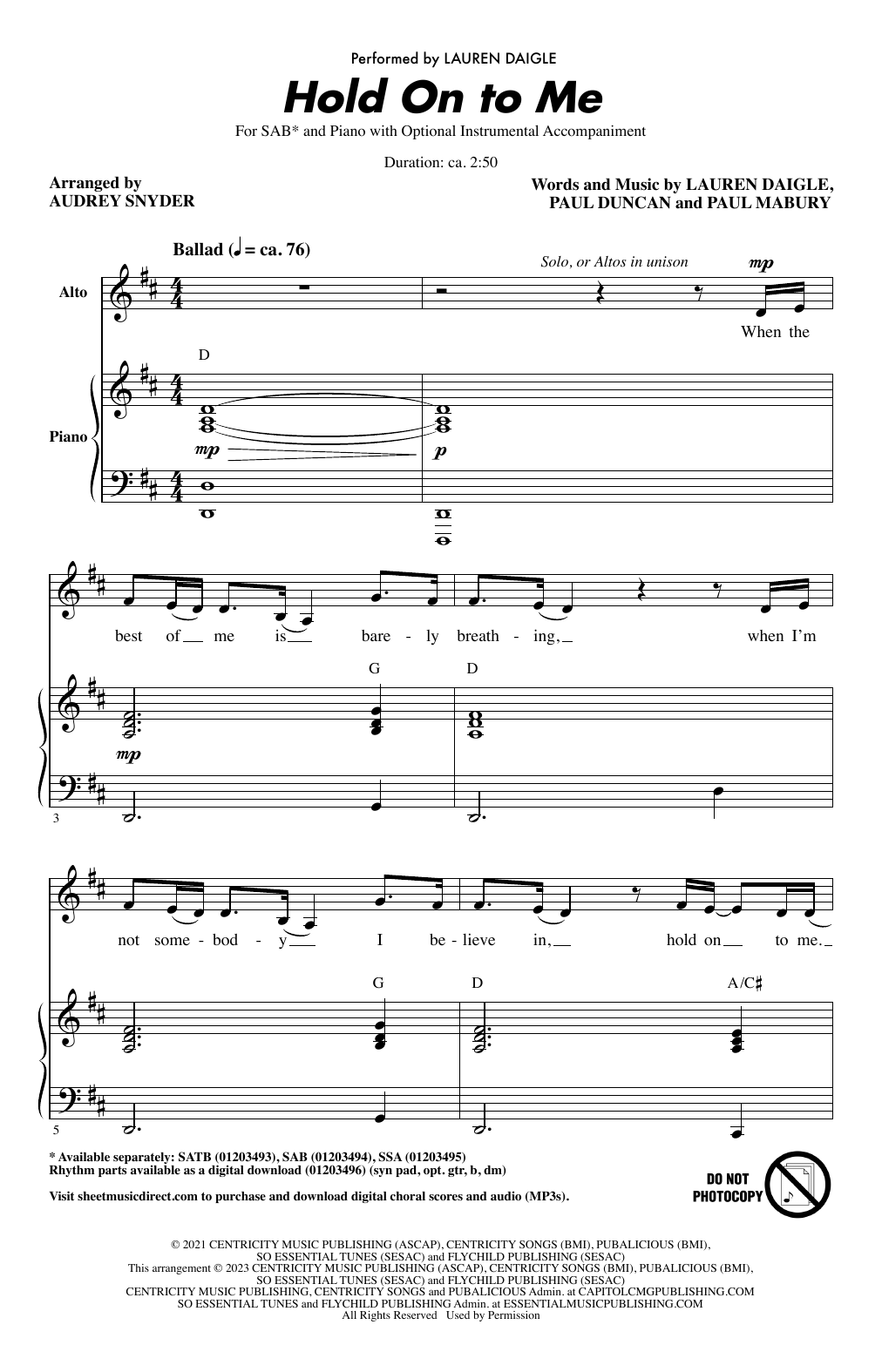 Product picture to: Hold On To Me (arr. Audrey Snyder)