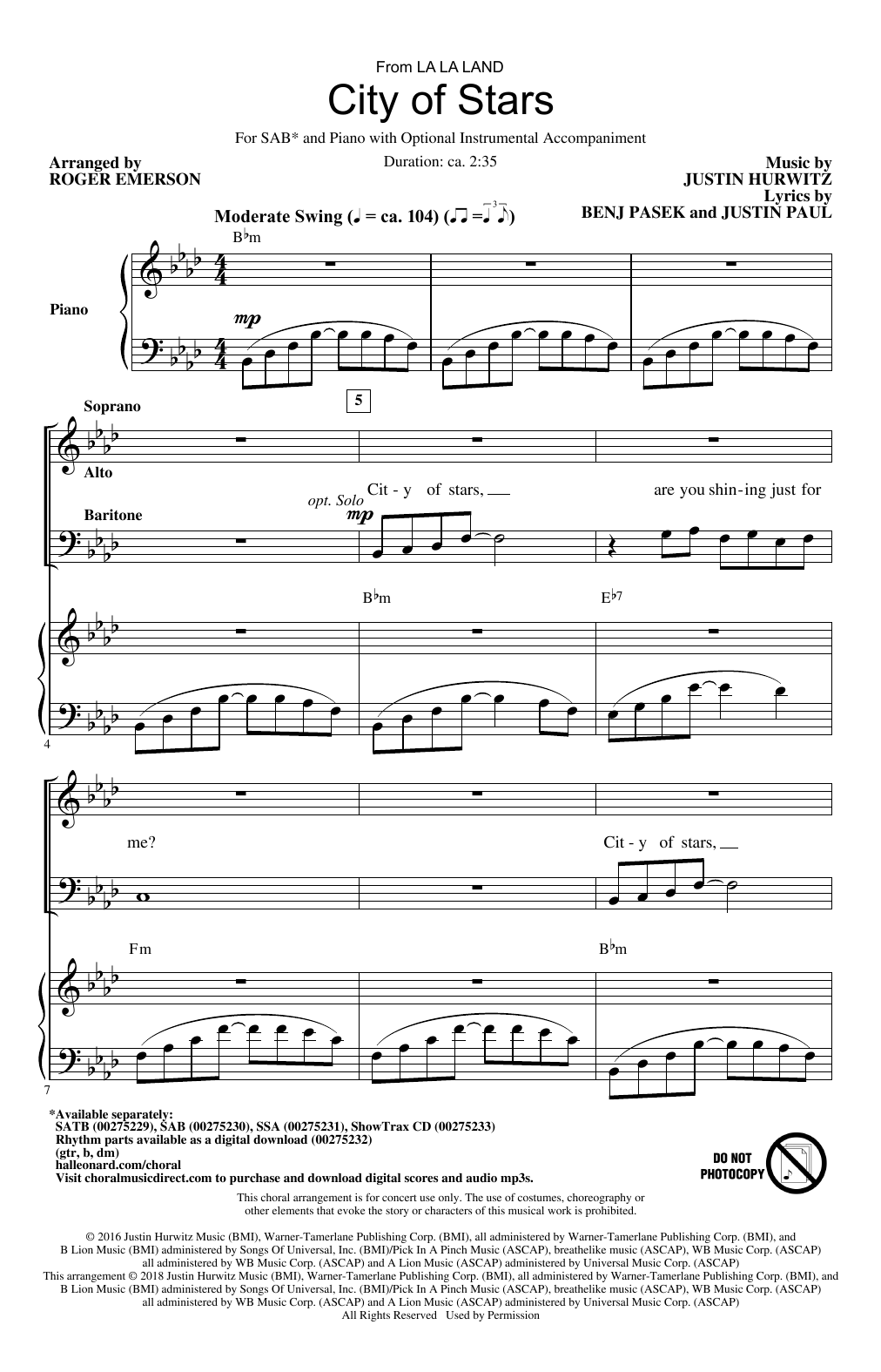 Product picture to: City Of Stars (arr. Roger Emerson)