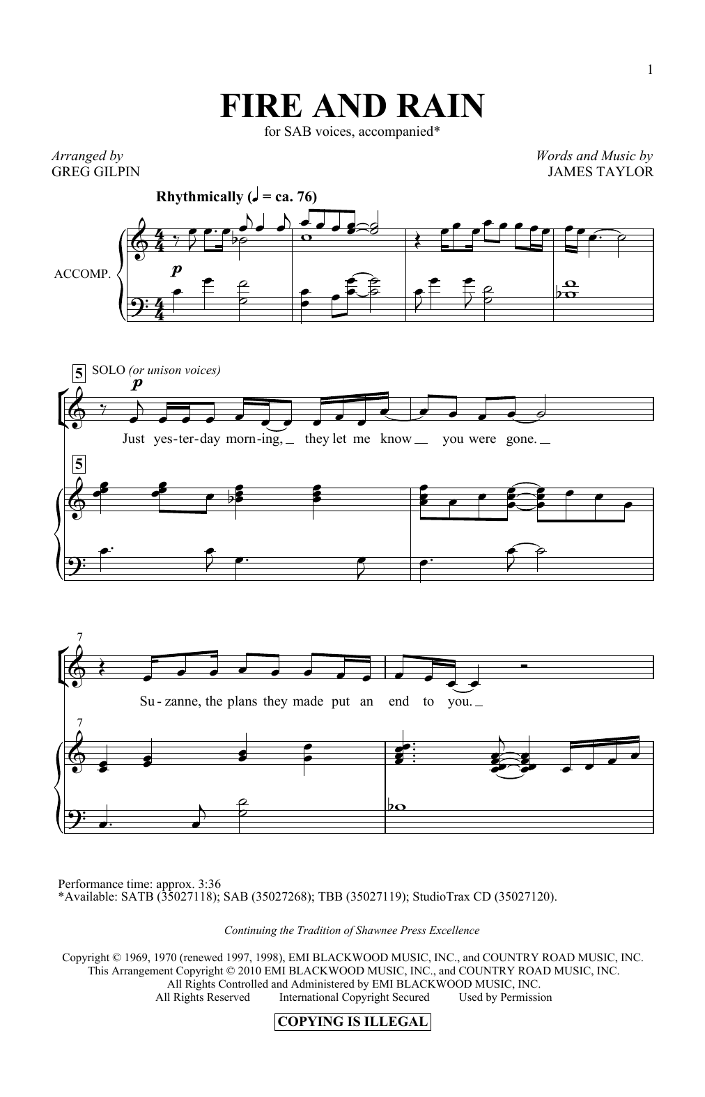 Product picture to: Fire And Rain (arr. Greg Gilpin)