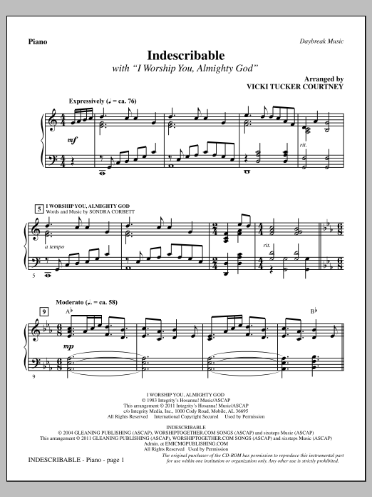 Produktgalerie: Seite 1 von 1 Indescribable - Piano, Vicki Tucker Courtney, Chor
