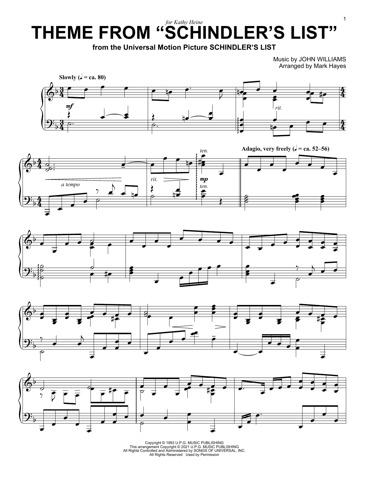 Product picture to: Theme From "Schindler's List" (arr. Mark Hayes)