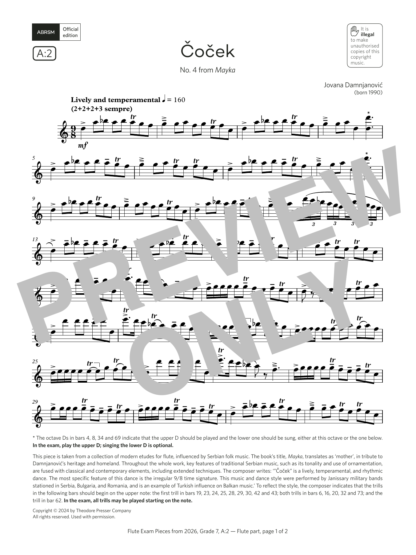 Product gallery: Page 1 of 1 Čoček (Grade 7, list A2, from the ABRSM Flute Syllabus from 2026), Jovana Damnjanovic