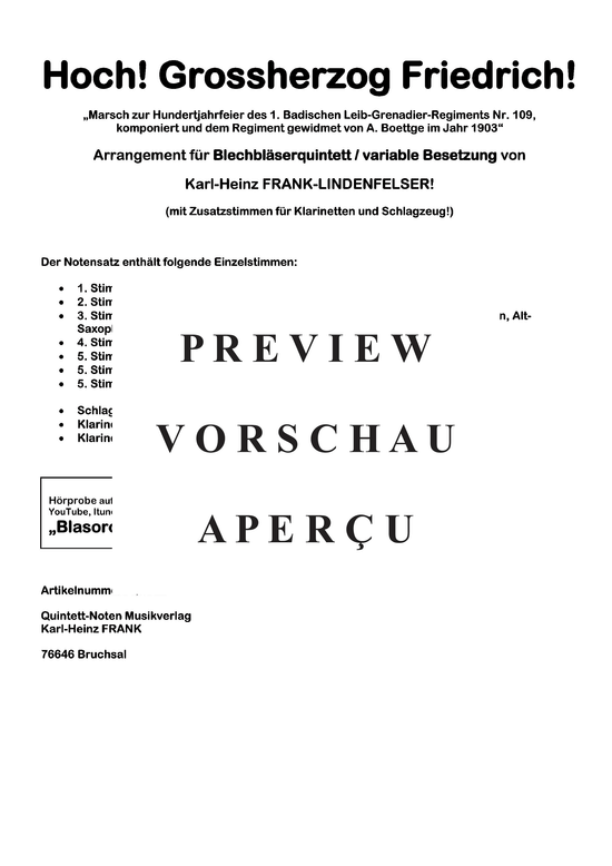 Produktgalerie: Seite 2 von 21 Hoch! Großherzog Friedrich , Blasorchester Fatamo, (Blechbläser Quintett - flexible Besetzung + Schlagzeug)